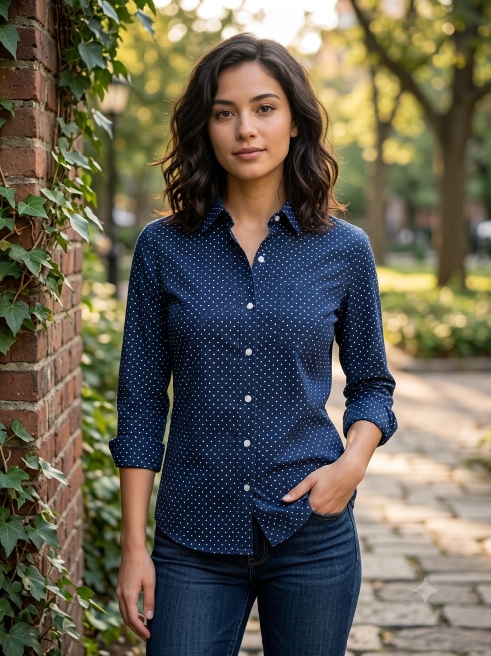 J.Crew 100% Cotton Long Sleeve Polka Dot Shirt Medium Navy⁠ Blue Size M